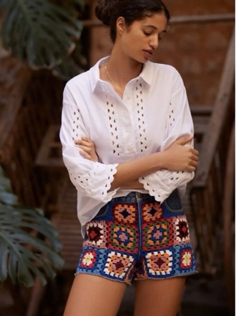 Farm Rio Crochet Knit Patchwork Denim Shorts Small - Picture 1 of 3